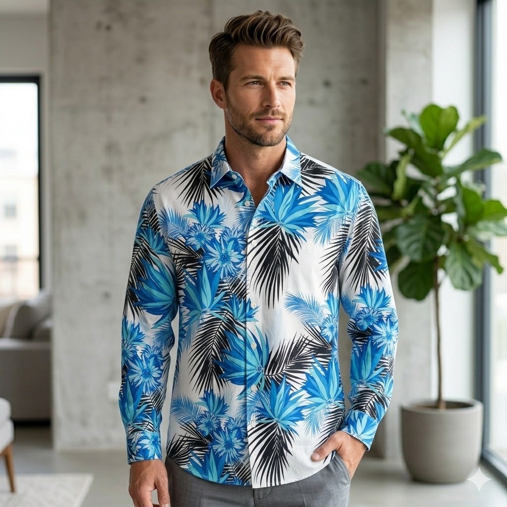 Tommy Bahama Mens XXL Blue Tropical Palm Silk Cotton Button Down Shirt